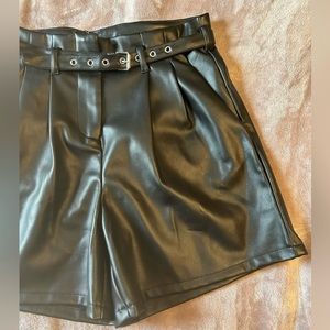 Black Leather Belted Shorts